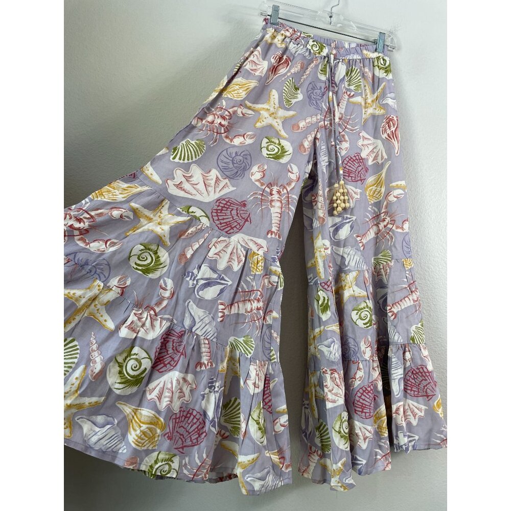 NEW True Destinations‎ Womens XS Coastal Print Tiered Wide Leg Pants Pull On